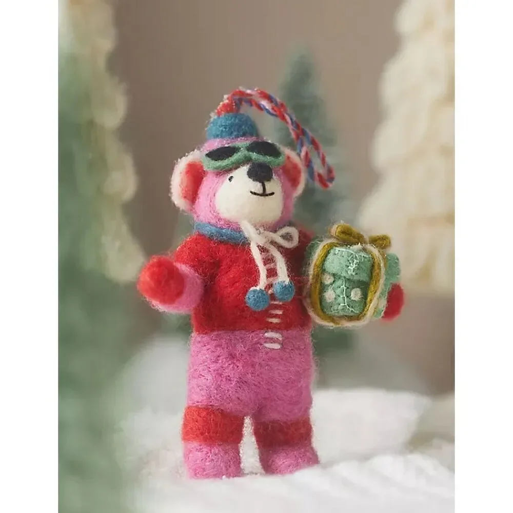 Anthropologie Handmade Felt Bear Ornament Gift Pink NEW